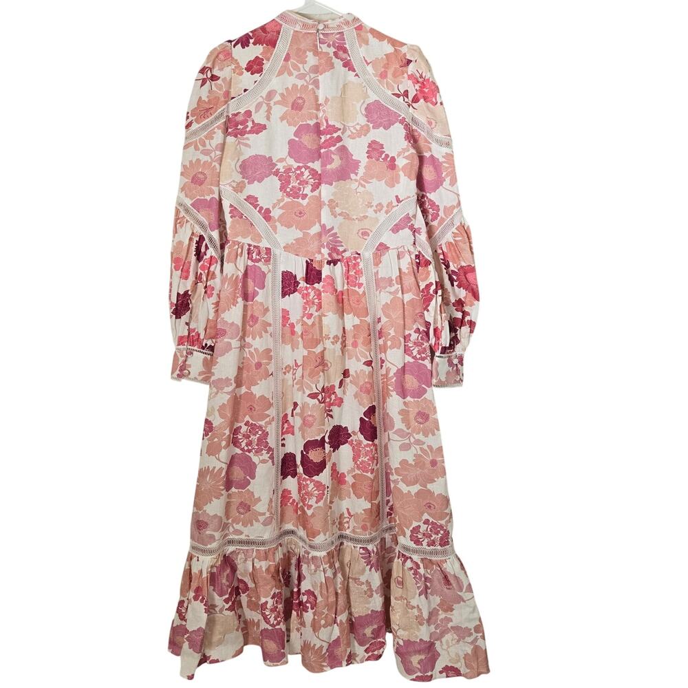 Ted Baker Denissa Linen Floral Midi Dress Pink Lace Cut Out Bishop Sleeve US 6 - Picture 5 of 15